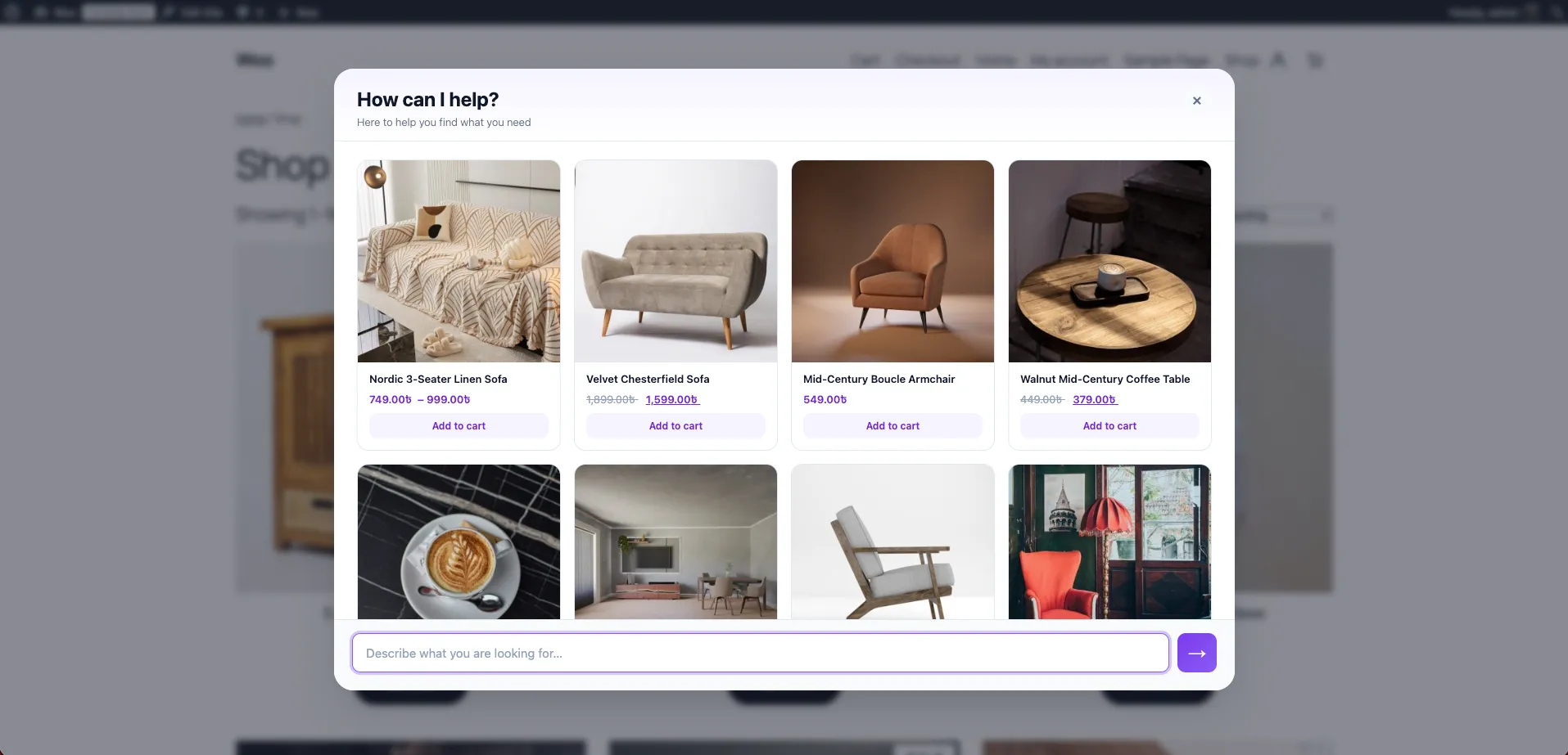 Full-screen product finder overlay on a WooCommerce shop page, showing a grid of furniture products with prices and add-to-cart buttons above a search input.