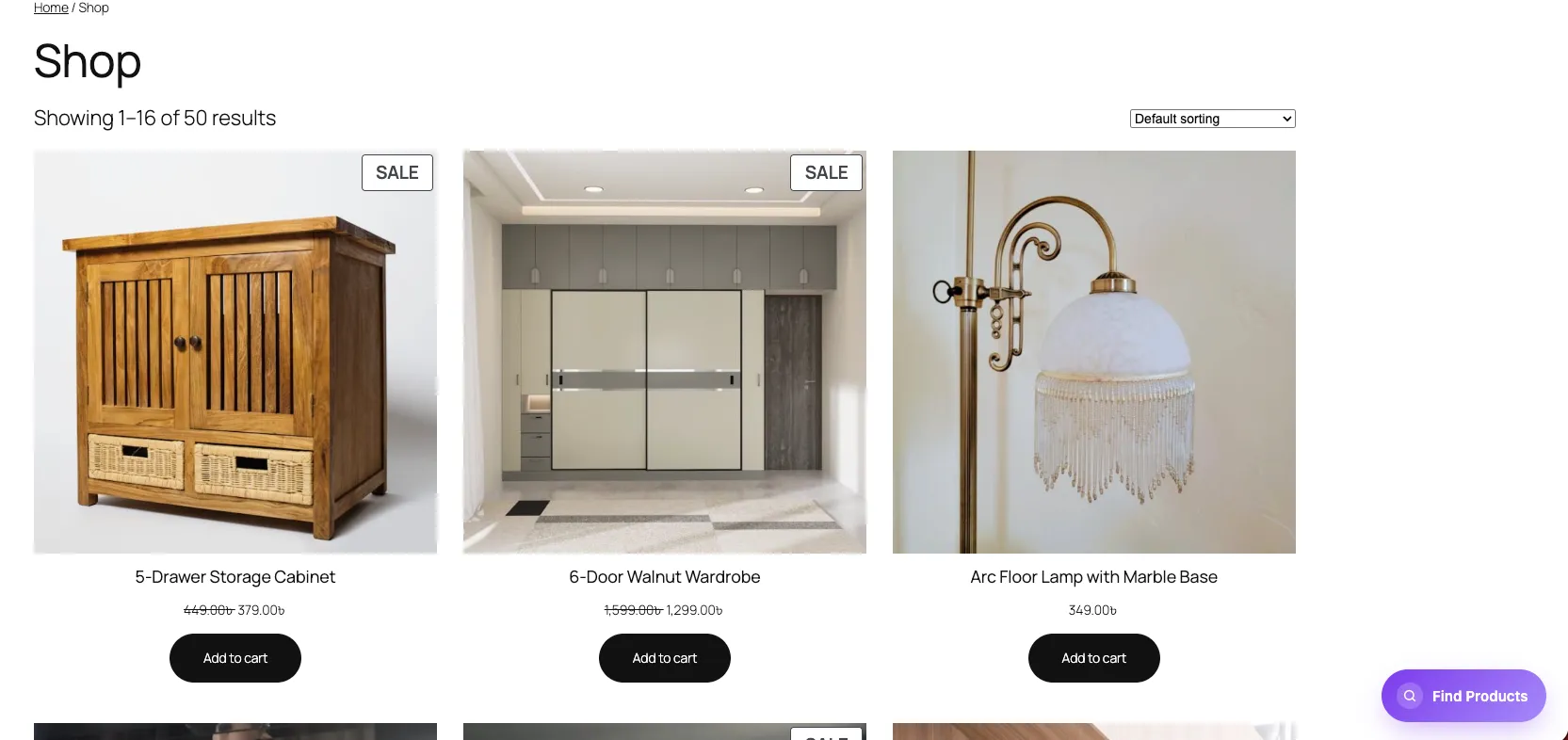 WooCommerce shop page with the Wow Chat “Find Products” launcher button in the bottom-right corner.
